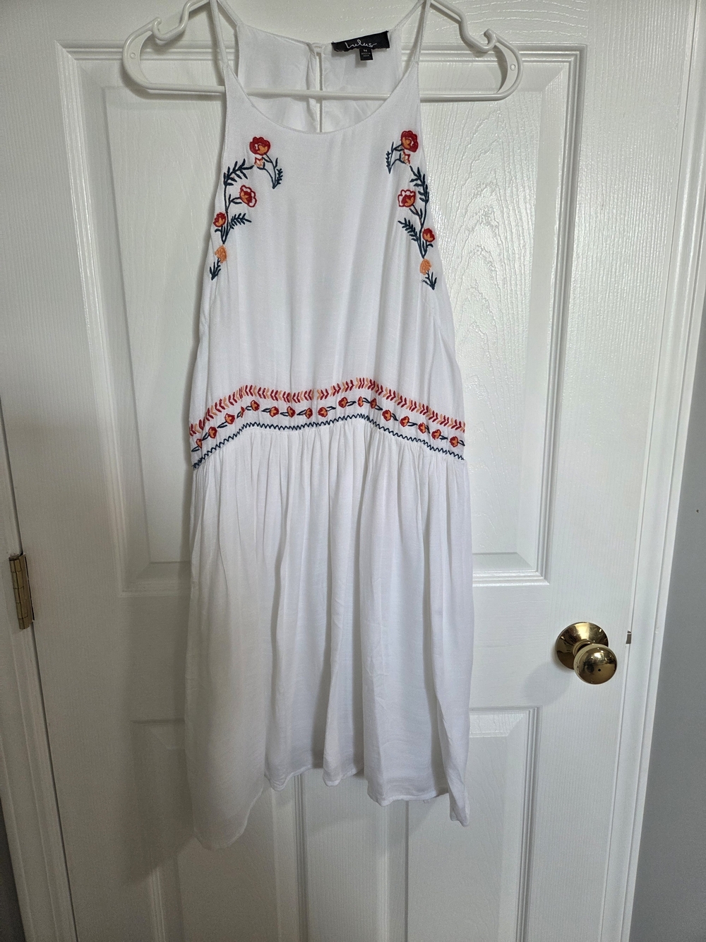 Lulu's White Halter Midi Dress with Red & Navy Floral Embroidery